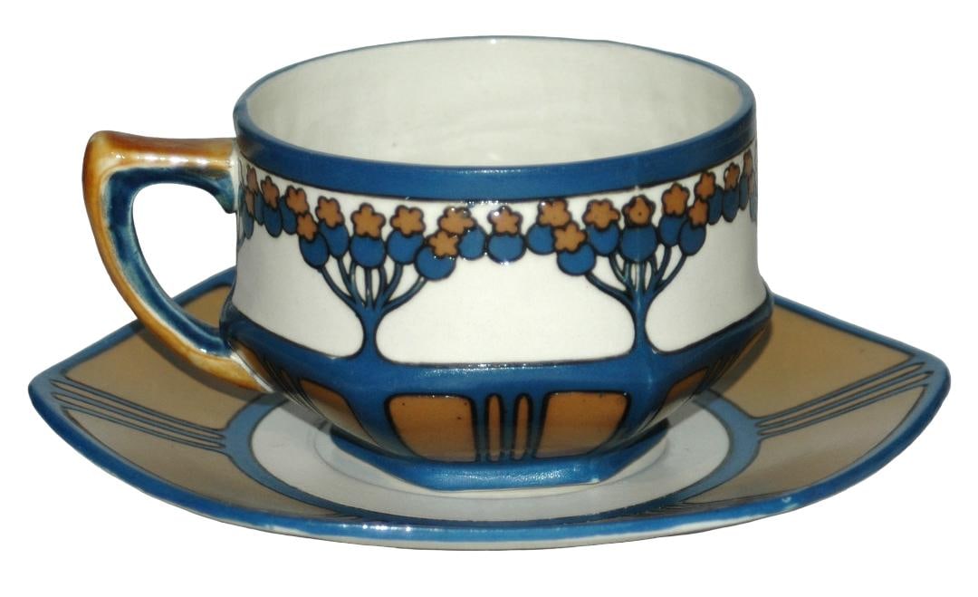PAIR of Mettlach Art Nouveau Cup & Saucers: Pair of Mettlach #2962 Etched Cup & Saucers. Art Nouveau style from Dinnerware set. Mint.
