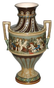 Mettlach 12" Vase w Cherubs and Two Handles