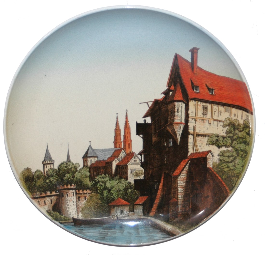 Mettlach 12" Plaque, Motiv aus Basel: Mettlach #1044/292 PUG 12" Plaque. "Motiv aus Basel." . Riverside town view. Mint.