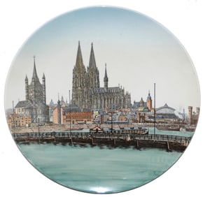 Mettlach 15" Plaque, Coin a. Rh. Riverside View