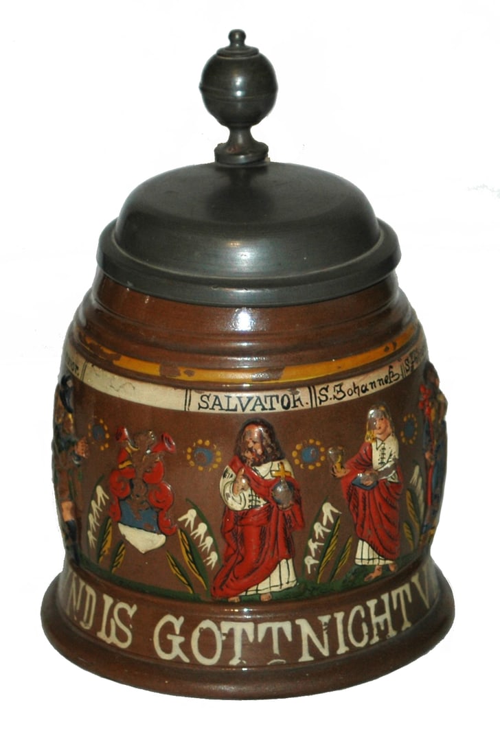 Saltzer Cruessen Style Apostles Stoneware Stein: Stoneware August Saltzer Relief 1/2L. Cruessen style. Apostles. Normal wear.