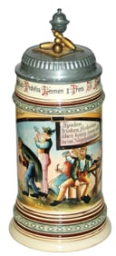 Bowling Scene Stein w Bowling Pin Finial Lid
