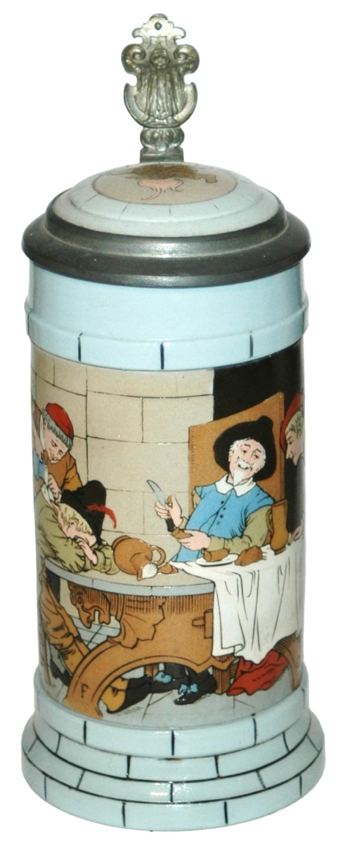 Mettlach Drunk Man getting Drenched w Beer in Pub: Mettlach #2880 Etched 1/2L. Men at table with one pouring beer down back of drunk. Inlay lid. Mint.