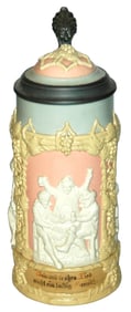 Mettlach 1L Drinking Men Scenes Stein w Pink