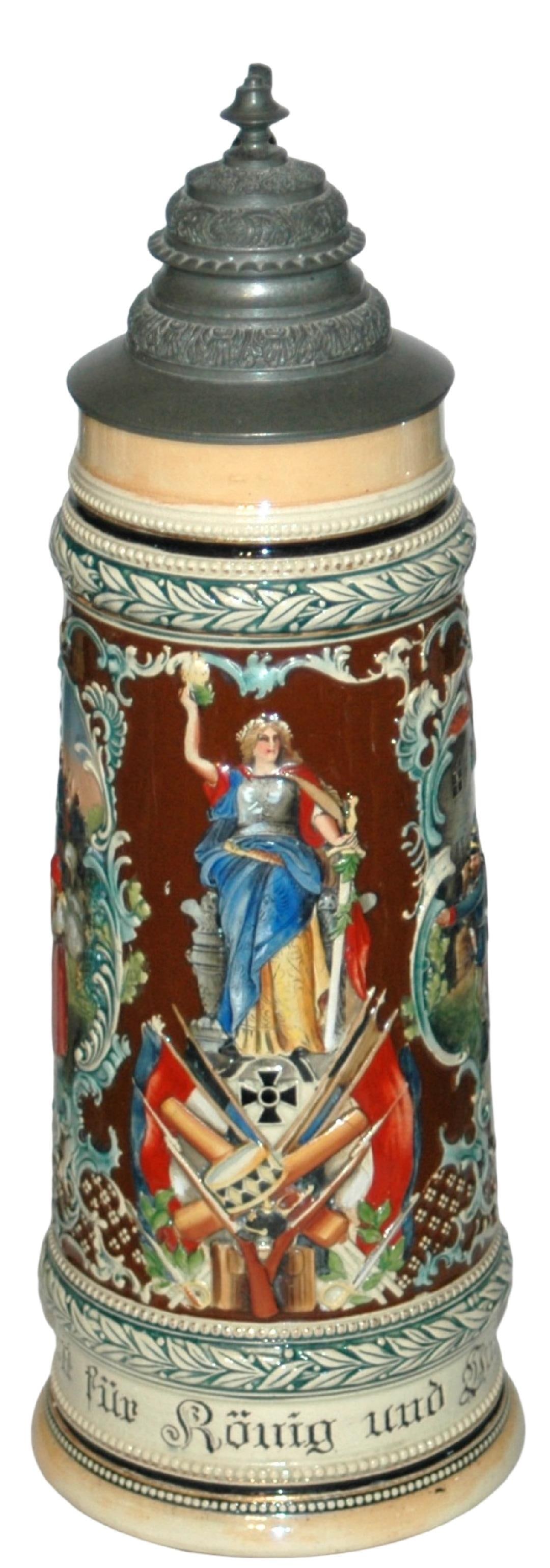 2L Germania Monument & Soldiers Stein: Pottery #1517 Relief 2L. Germania monument. Soldiers on side scenes. Mint.