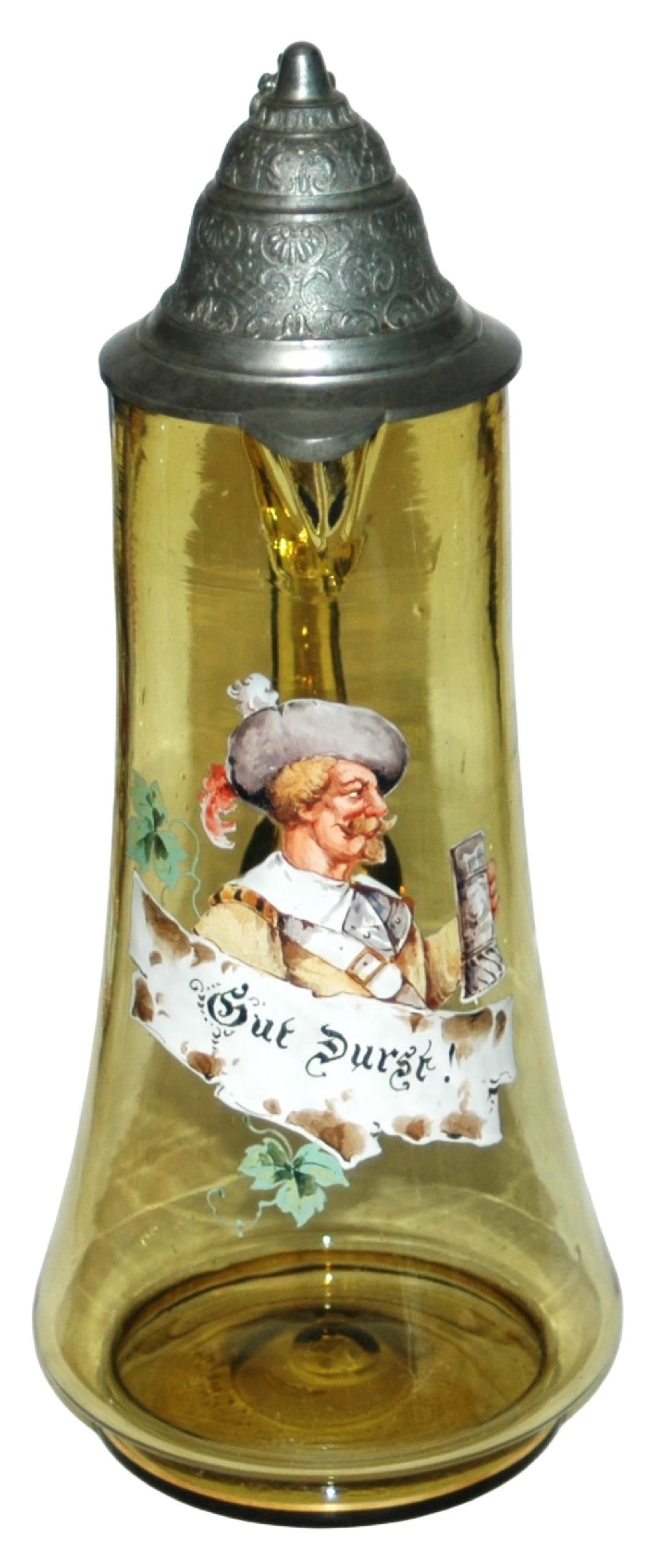 1-1/2L Enamel Landsknecht & Verse Glass Stein: Blown Green Glass 1 1/2L. Enameled Landsknecht holds stein and verse. (Match to lot 402) Mint.