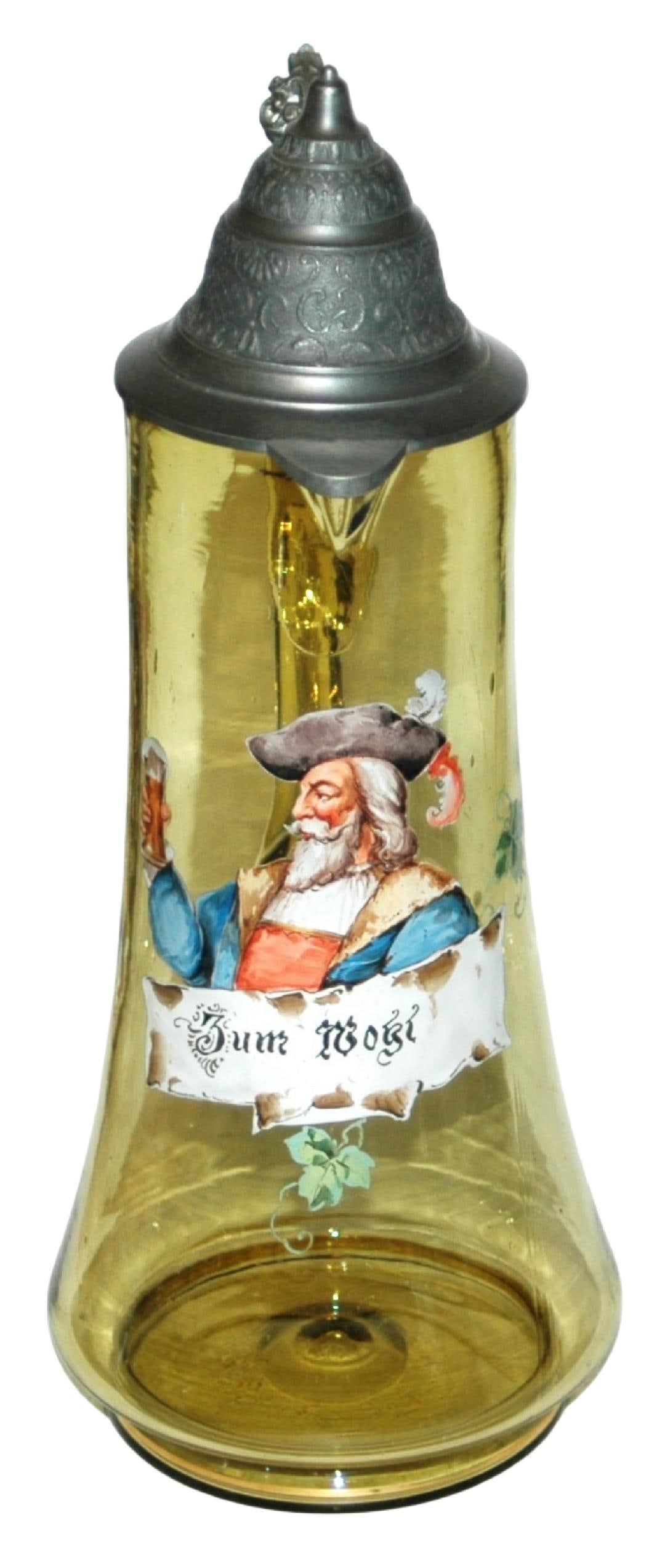 1-1/2L Enamel Landsknecht & Verse Glass Stein: Blown Green Glass 1 1/2L. Enameled Landsknecht holds stein and verse. (match for lot 401) . Mint.