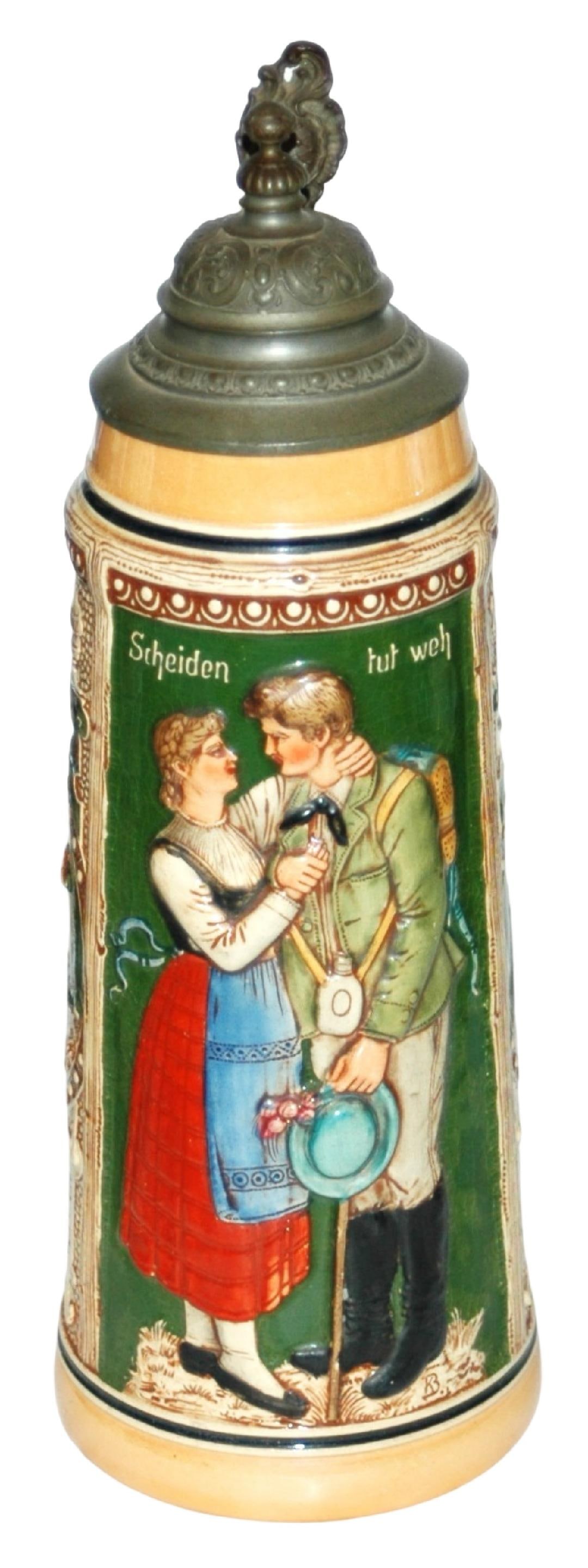 1-1/2L Hiker & Woman Embrace Relief Stein: Pottery Relief 1 1/2L. Hiker and woman embrace. Mint.
