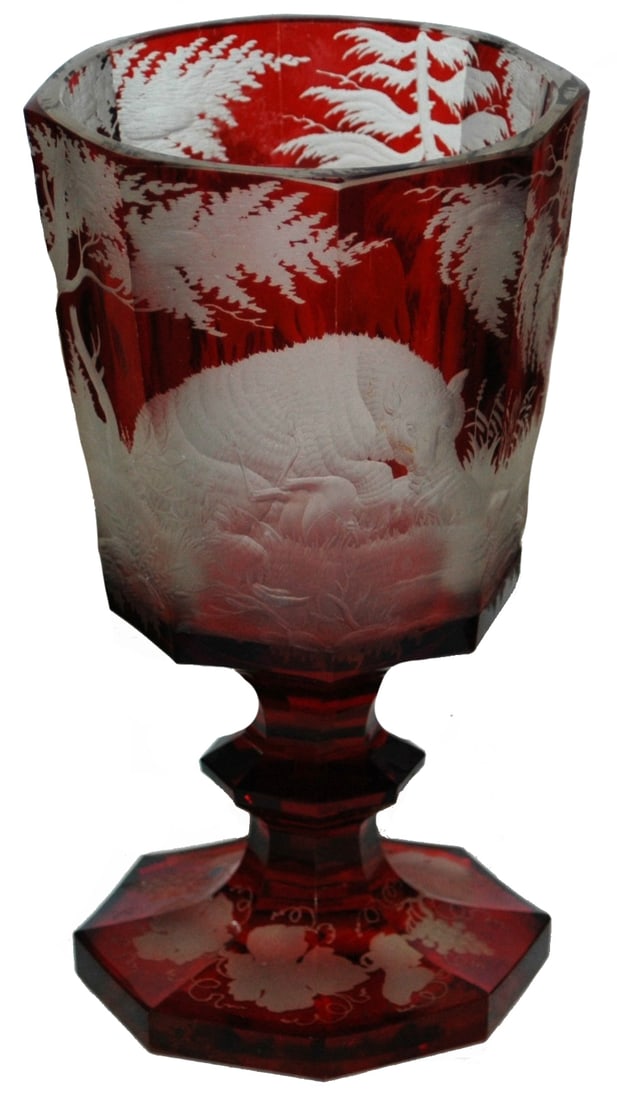 Rare Intaglio Bear & Wolf Bohemian Glass Beaker (1 of 3)