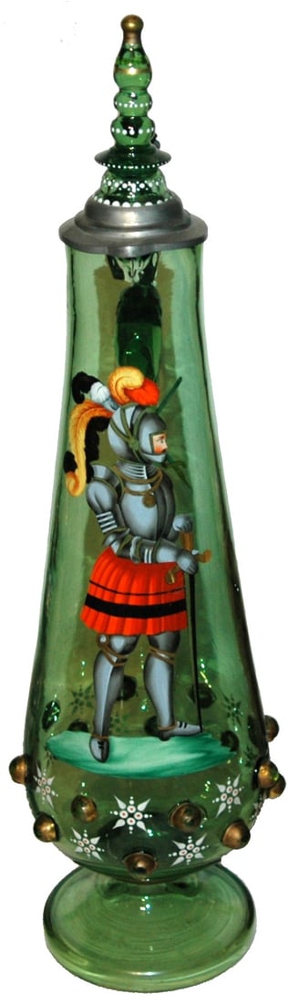 3L Impressive Armored Knight & Prunts Stein: Blown Green Glass 3L 23" Stein. Enameled knight in armor. Gold wear to base and applied prunts. . Impressive.