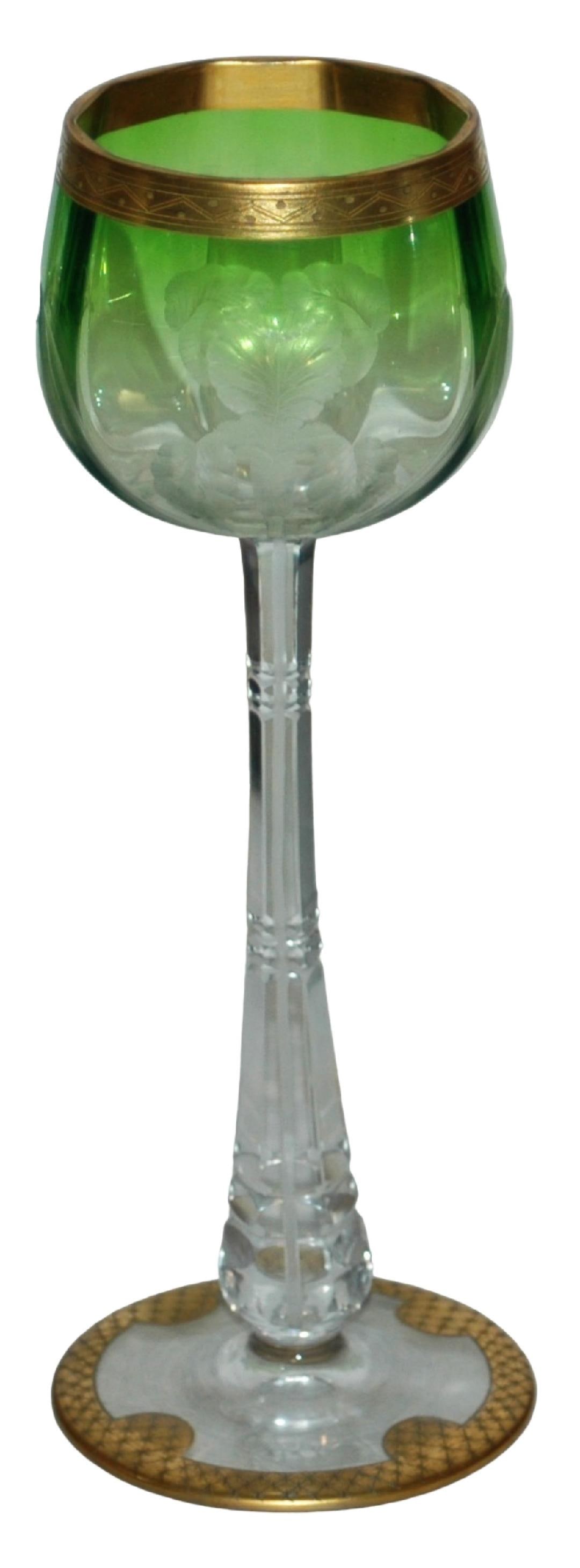 Moser Intaglio Iris Flower Goblet w Gilded Rims: Blown Glass 8 1/2" Goblet. Moser. Intaglio wheel-cut iris flower design. Gilded rims. Mint.