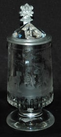 Duck Hunter & Dog Wheel Cut Glass Stein wPrism Lid