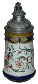 Rorstrand Porcelain Floral Stein w Fancy Pewter