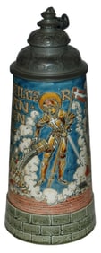 1L Mettlach St Florian w Uncommon Pewter Lid Stein