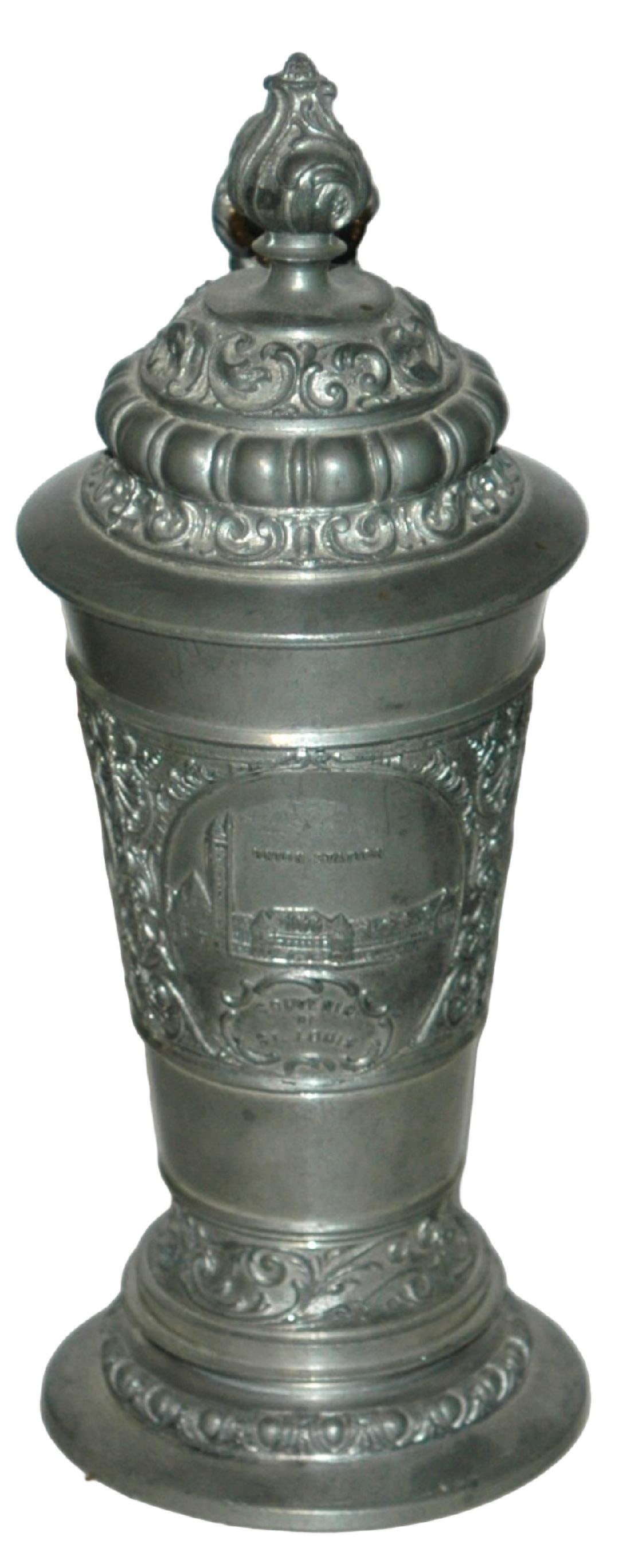 3/10L 1904 St Louis Expo Souvenir Stein: Pewter Relief 3/10L. Souvenir of St. Louis made for the 1904 Expo. Union Station, Eads Bridge and Court House. Mint.