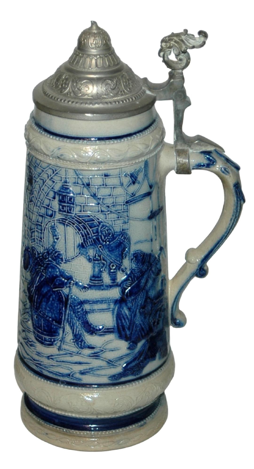 2L Whites Utica Landsknecht & Monks Stein: Stoneware Whites Utica #7 Threaded Relief 2L. Landsknecht drinking with monks in wine cellar.