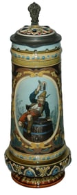 2L Mettlach Man w Stein on Barrel Etched Stein