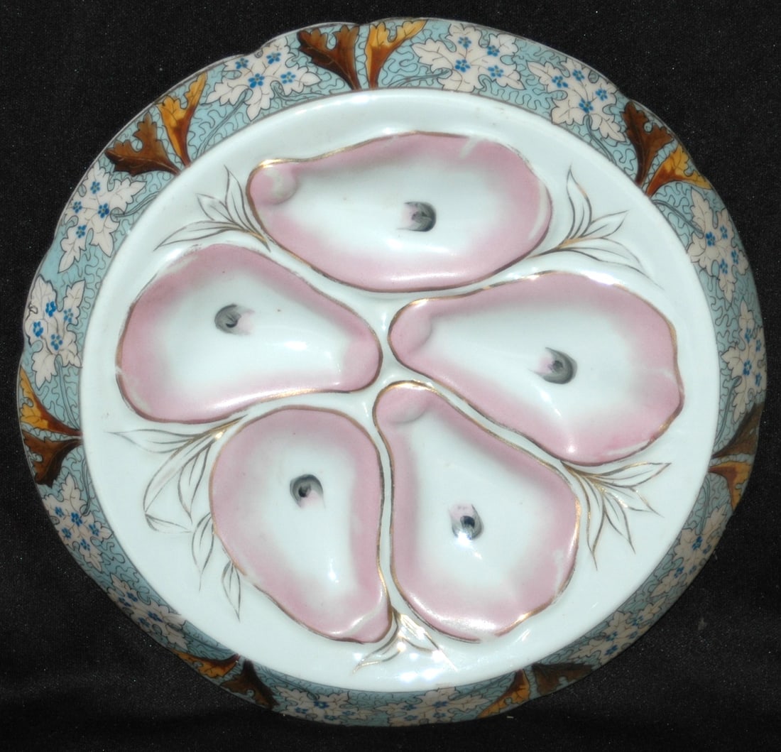 Oyster Plate Carlsbad Porcelain Fancy Leaf Design: Carlsbad Porcelain 8 1/2” Oyster Plate. Fancy leaf design border with 5 wells. Mint.