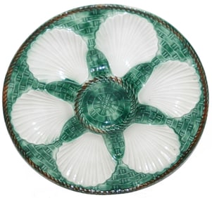 Oyster Plate French Majolica , 6 Glazed Wells