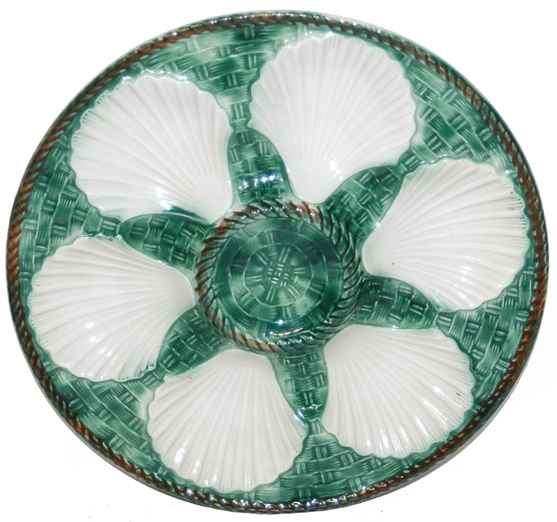 Oyster Plate French Majolica , 6 Glazed Wells: French Majolica 9 1/2” Oyster Plate. 6 glazed wells. Mint.