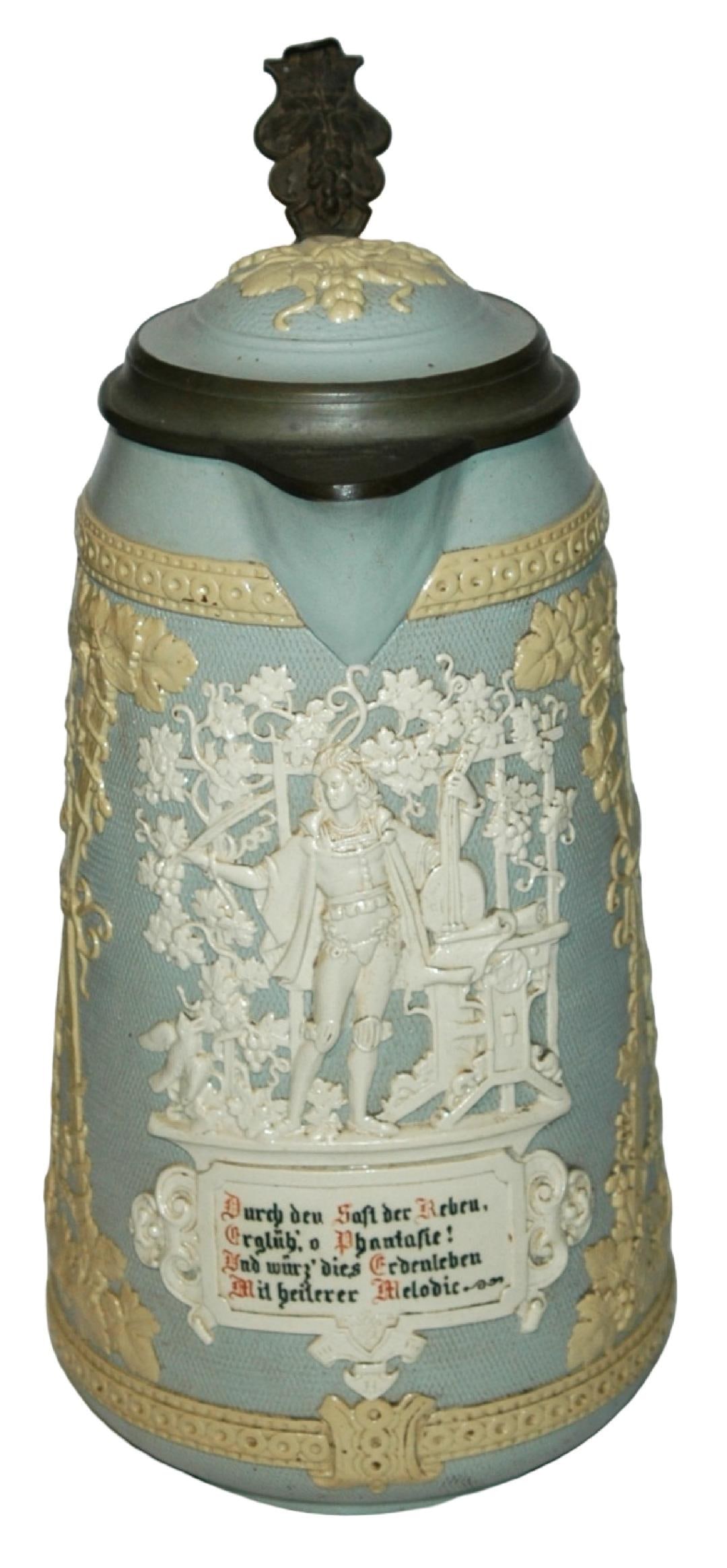 3L Mettlach Musician Floral & Verse Relief Stein: Mettlach #1821 Relief 3L. Guitar player, floral and verse. Inlay lid. Mint.