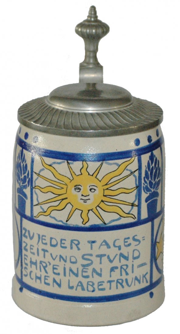 Stoneware Art Nouveau Sunburst Stein: Stoneware POG 1/2 L. Sunburst and verse. Art Nouveau style. Mint