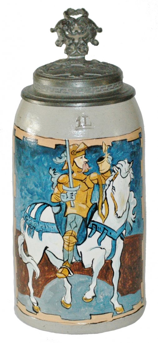 Knight on White Horse 1L. Stoneware Stein: Stoneware Hand Painted 1 L. Knight on a White Horse Same Scene as Mettlach #2765. Pewter strap repair. Body mint. Unusual
