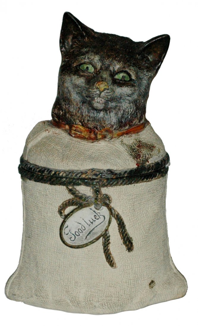 Jon Maresch TerraCotta Cat Tobacco Jar: JM #3571 Terra Cotta Tobacco Jar. Cat in tobacco bag. Normal wear.