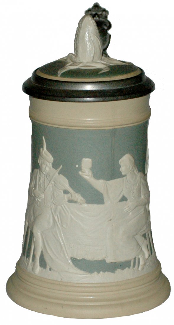 Mettlach Violin Player Stein w 3D Corn inlay lid: Mettlach #2358 Relief 1/2L. Violin player and table scene. 3-D corn inlay lid. Mint