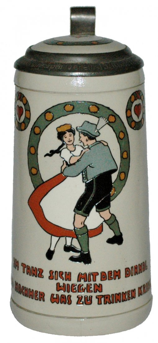 Mettlach Franz Ringer Dancing Couple Stein: Mettlach #3289 Etched 1/2L. Dancing couple. Franz Ringer. Inlay lid. Mint