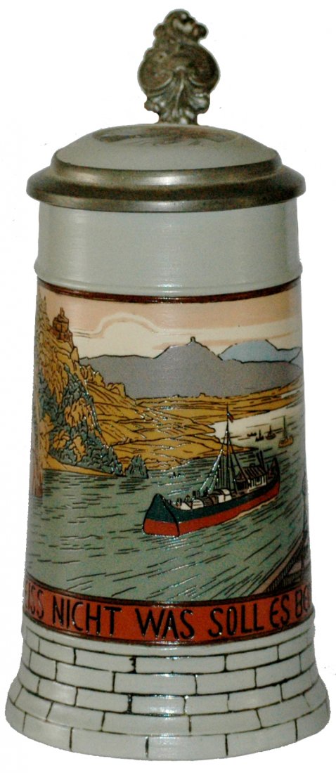 Mettlach Brick Wall Stein Boat in River: Mettlach #2833-C Etched 1/2 L. Boat in River. Inlay lid. Mint.