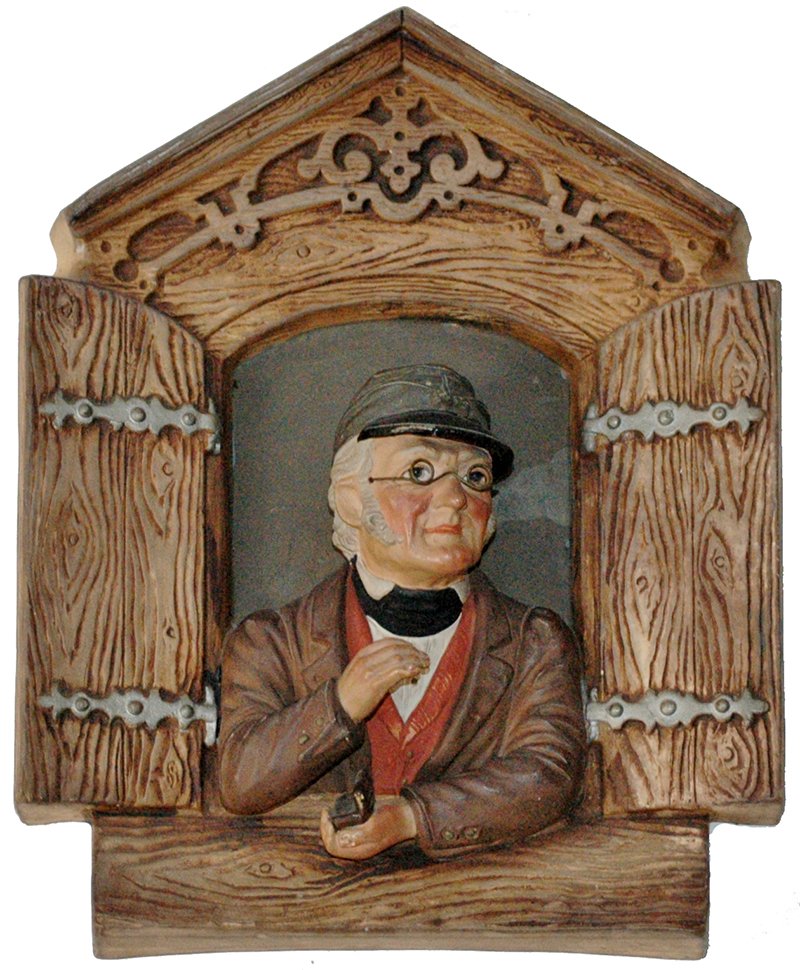 Unusual Size Terracotta Man in Window Plaque: JM #4294 Terracotta Relief 7" by 9" Plaque. Man pinches snuff in window. Unusual size. Mint