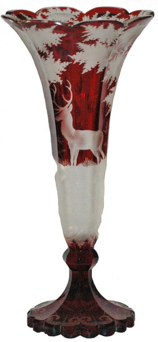 Pair Bohemian Ruby Wheel-Cut Vases: Pair blown glass Bohemian 12" vases. Ruby stained and deep wheel-cut stag and forest design. Circa 1860. Both Mint.