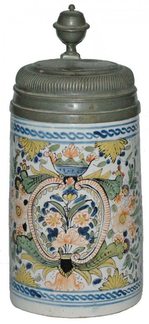 Erfurt Faience Circa 1750 Floral Stein: Faience 1L Erfurt factory. Busy floral design. Circa 1750. Very good condition.