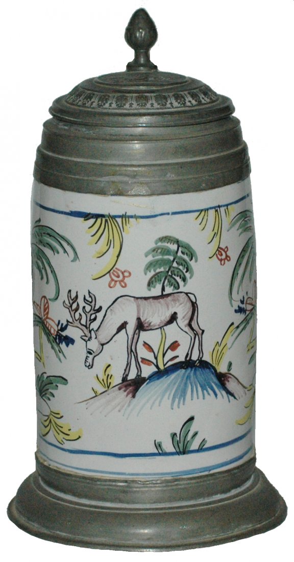Thuringen Faience Stag & Floral Stein: Faience 1L Thuringen. Stag and floral Circa 1780. Replaced pewter lid. Body in very good condition.