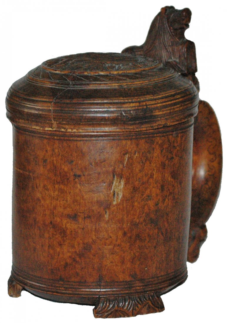 Scandinavian Wood Burl Stein: Burl wood 1L. Scandinavian circa 1780. Minor split and chips to lid.