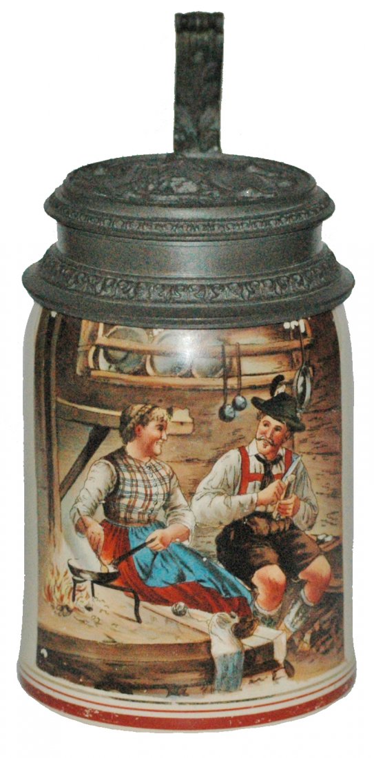 Relief Pauson Munich Lidded Stein: Pottery POG 1/2L. Couple sits by fireplace. Relief Pauson Munich lid. Mint.