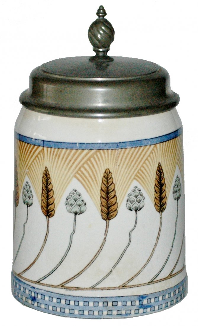 Art Nouveau Hops and Wheat Mettlach Stein: Mettlach #1526/1195 PUG 1/2L. Art Nouveau hops and wheat design. Tiny base rim flake.