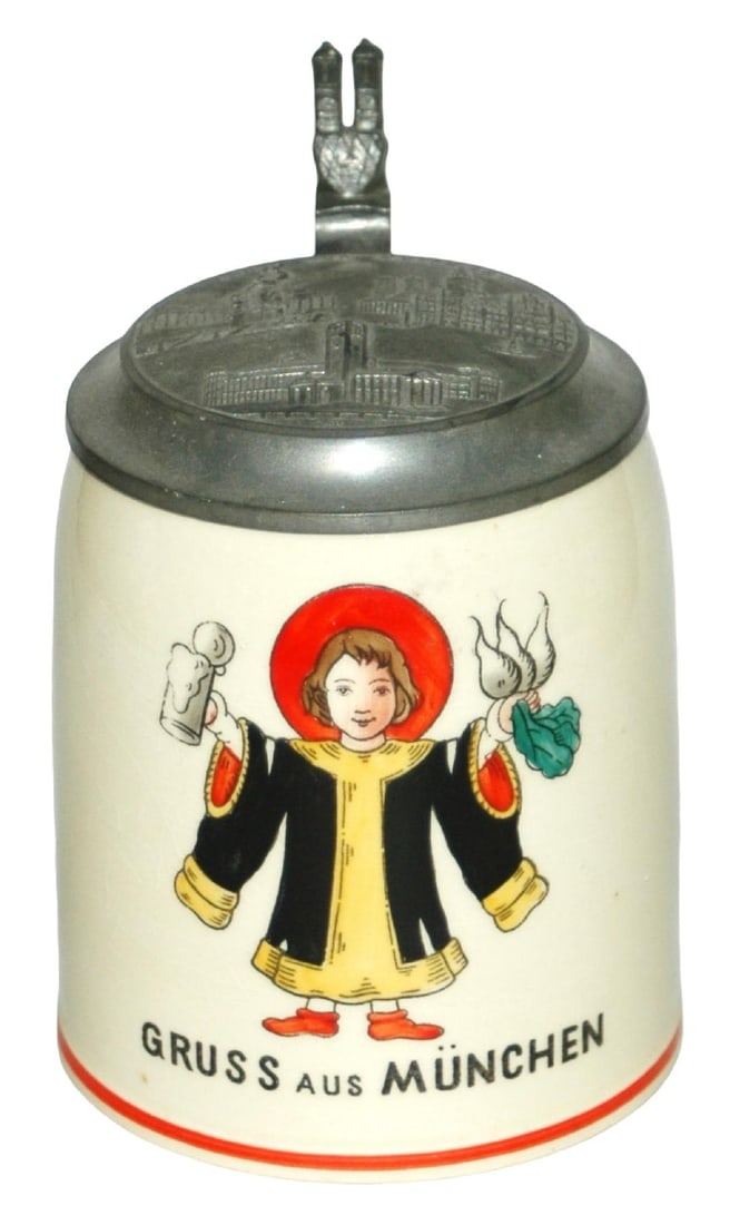 1/4L Gruss aus Munchen Stein & Lid: Pottery POG 1/4L. Gruss aus Munchen. Munich lid. Mint.