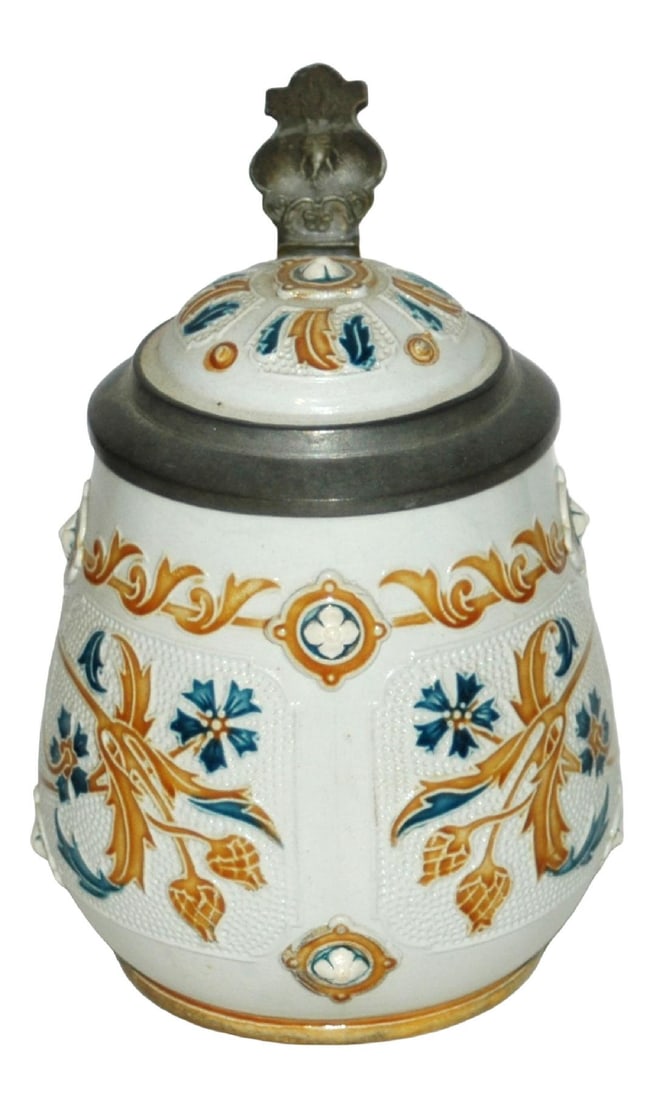 Mettlach 1/4L Mosaic Floral Design Stein w Inlay: Mettlach #1832 Mosaic 1/4L. Floral design. Inlay lid. Mint.