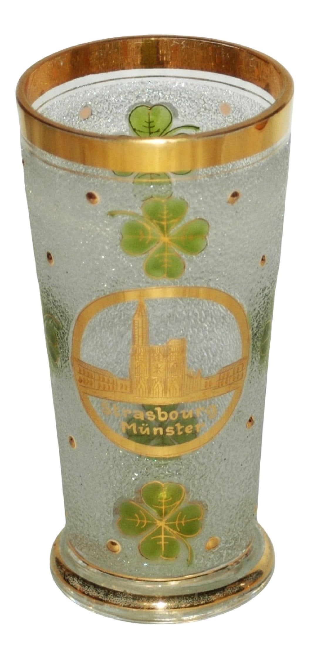 4-1/4" Glass Pilsner enamel Buildings Strassbourg: Blown Glass 4 1/4" Pilsner. Transparent enamel and gilded building in Strasbourg. Shamrocks. Mint.