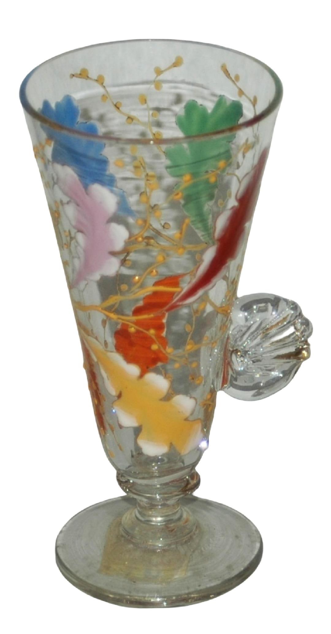 4-3/4" Moser Juice Glass Enamel Oak Leafs & Acorns: Blown Glass 4 3/4" Juice. Moser. Enamel oak leaves and acorns. Leaf handle.