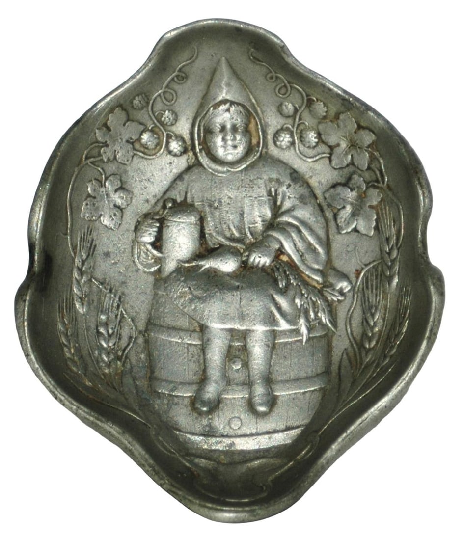 4" Munich Child on Barrel Pewter Relief Tray: Pewter Relief 4" Tray. Munich Child on barrel. Mint.