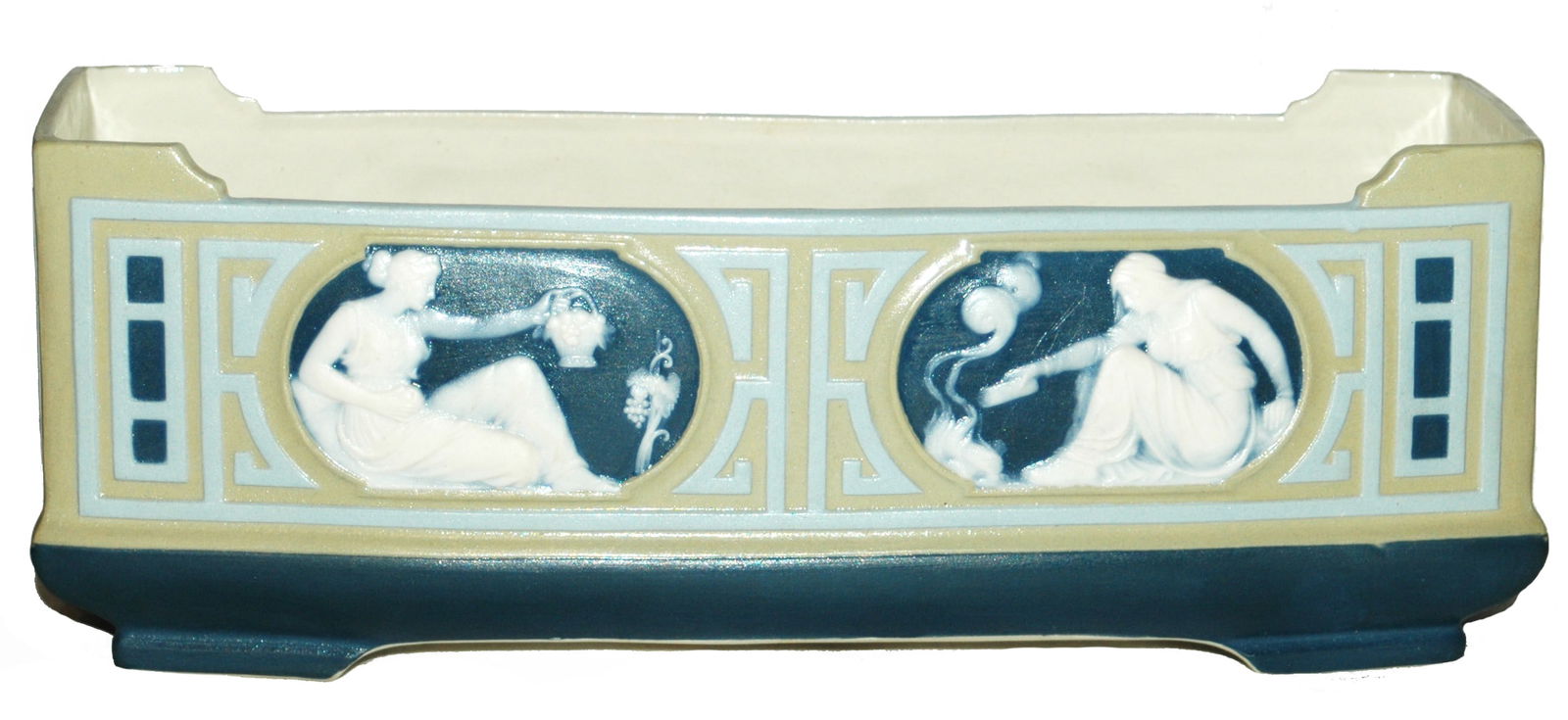 Mettlach Planter Cameo Romanesque Woman: Mettlach #3041 Cameo 12" by 4 1/4" Planter. Romanesque. Woman.