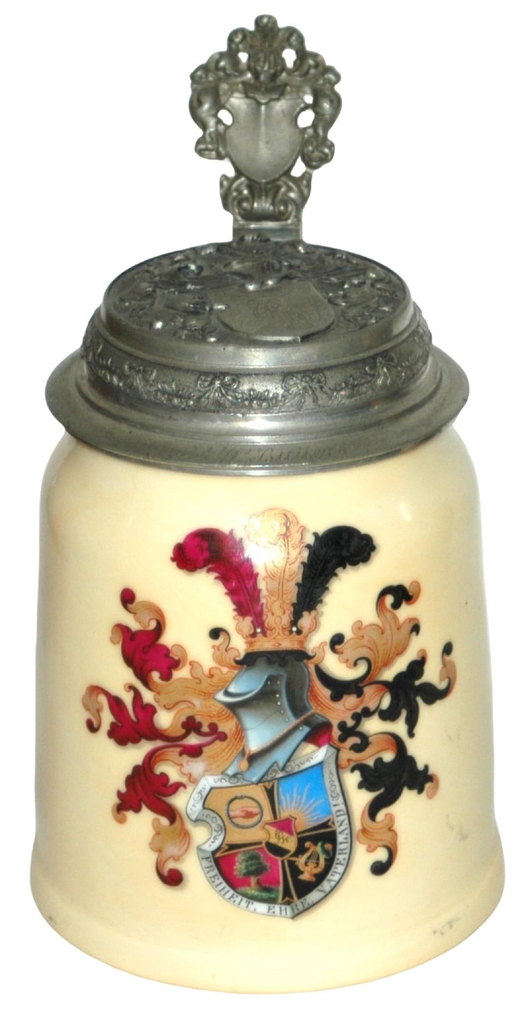 Student Shield Stein w Litho & Shield Lid: Porcelain POG 1/2L. Student shield. Litho. Relief shield lid. Mint.