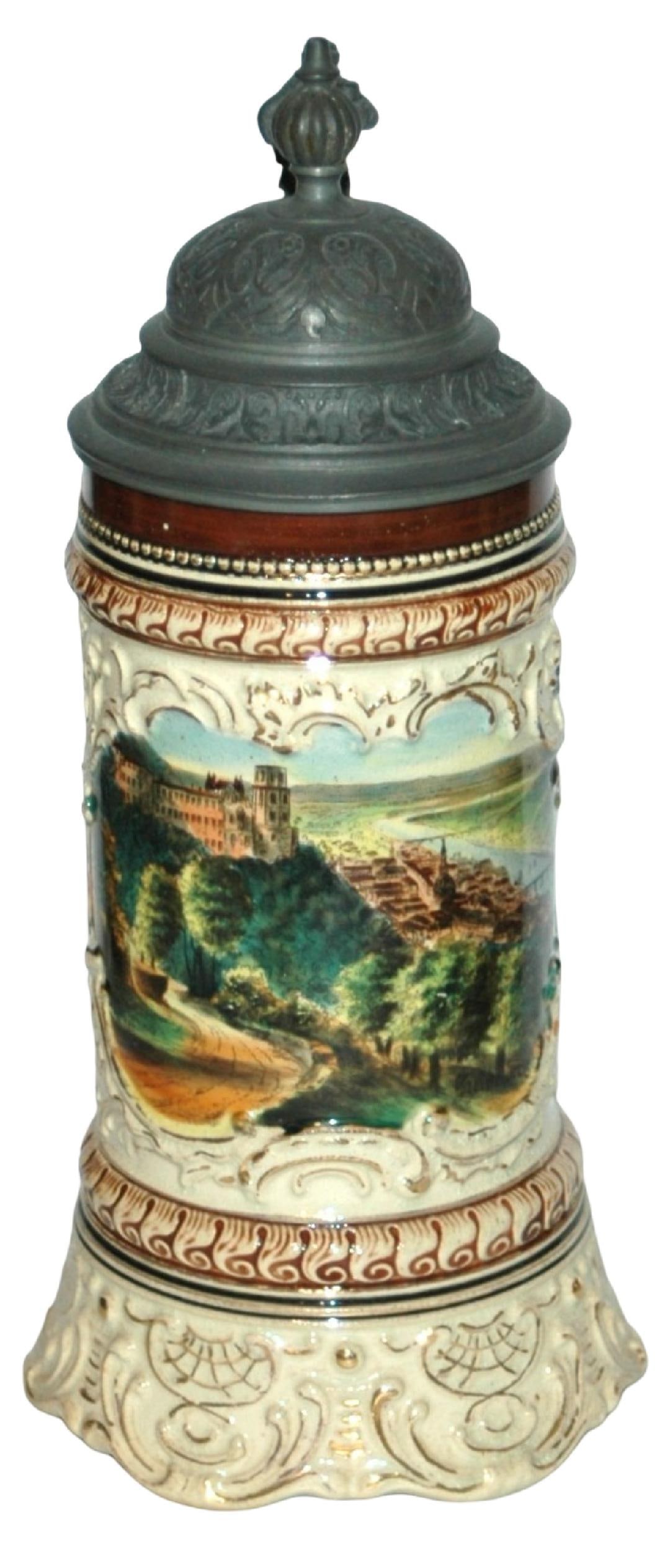 Heidelberg Castle Stein w Music Box Base & Florals: Pottery #174 POG & Relief. Heidelberg castle. Relief flowers on sides. Music box base. Perkeo thumblift. Mint.