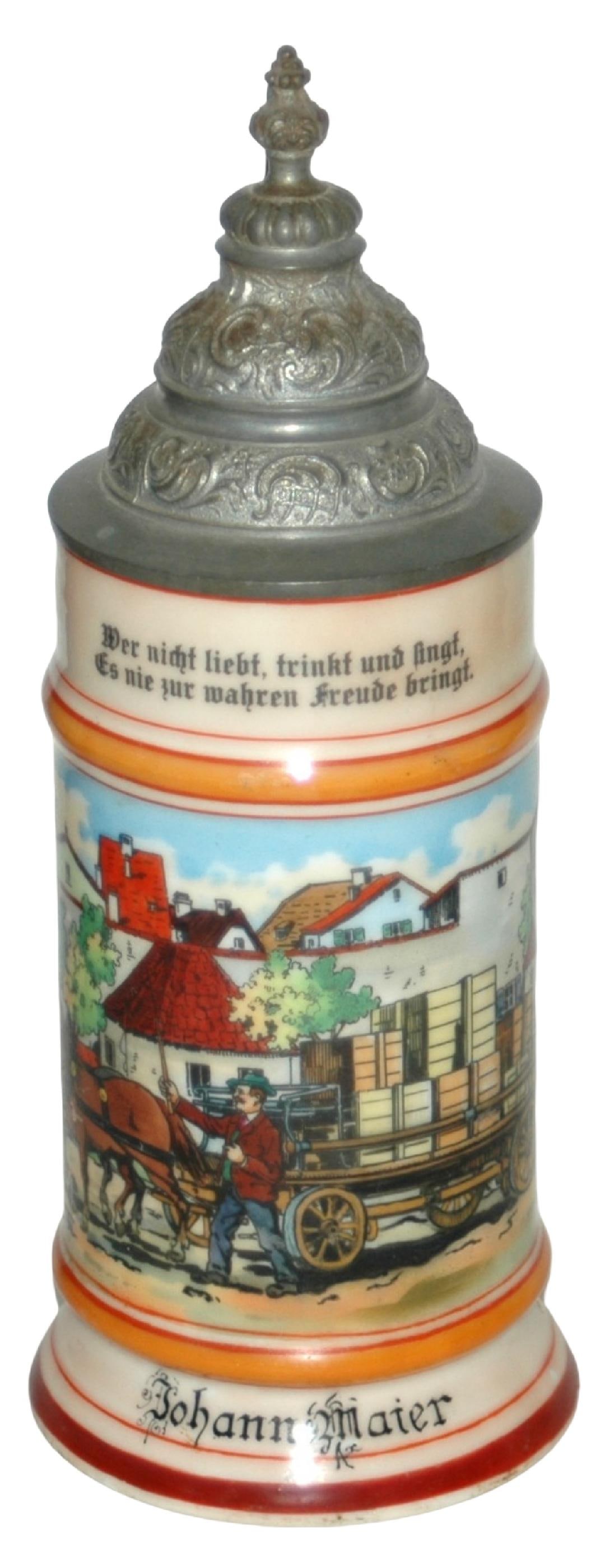 Occupational Wagon Driver Porcelain Stein: Occupational Stein 1/2L Porcelain. Wagon driver Johann Maier.