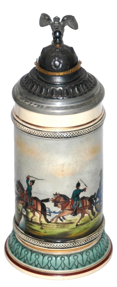 1893 Regimental Artillery Canon Stein w Helmet Lid: Pottery Hanke POG 1/2L Military. Artillery unit move cannon. Engraved on pewter lid. “5 Batt. K.L. II Feld Art. Regt. No 28 Kan. Hering 1893.” Helmet finial lid. Mint.