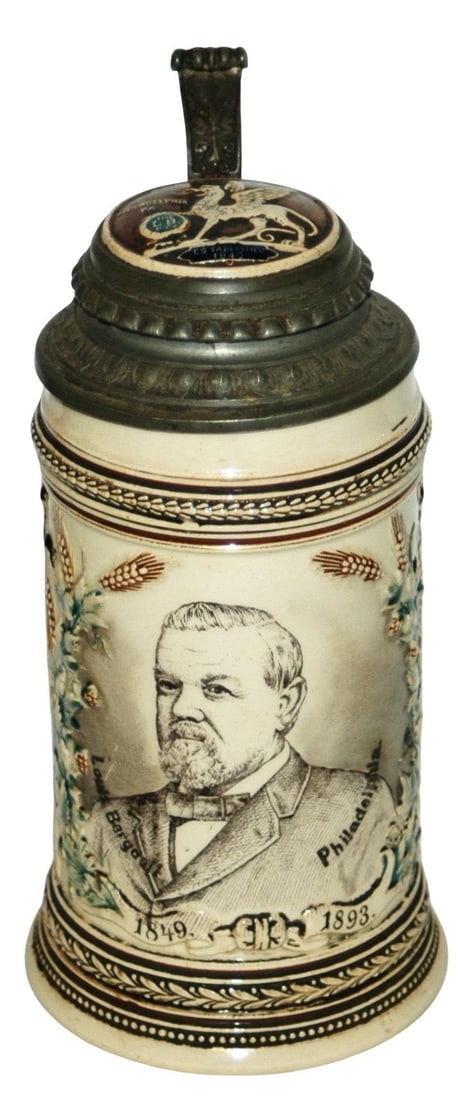 Bergdoff Brewery Philadelphia Stein w Matched Lid: Pottery Relief & POG 1/2L. Louis Bergdoff Brewery Philadelphia. Matching inlay lid. Mint.