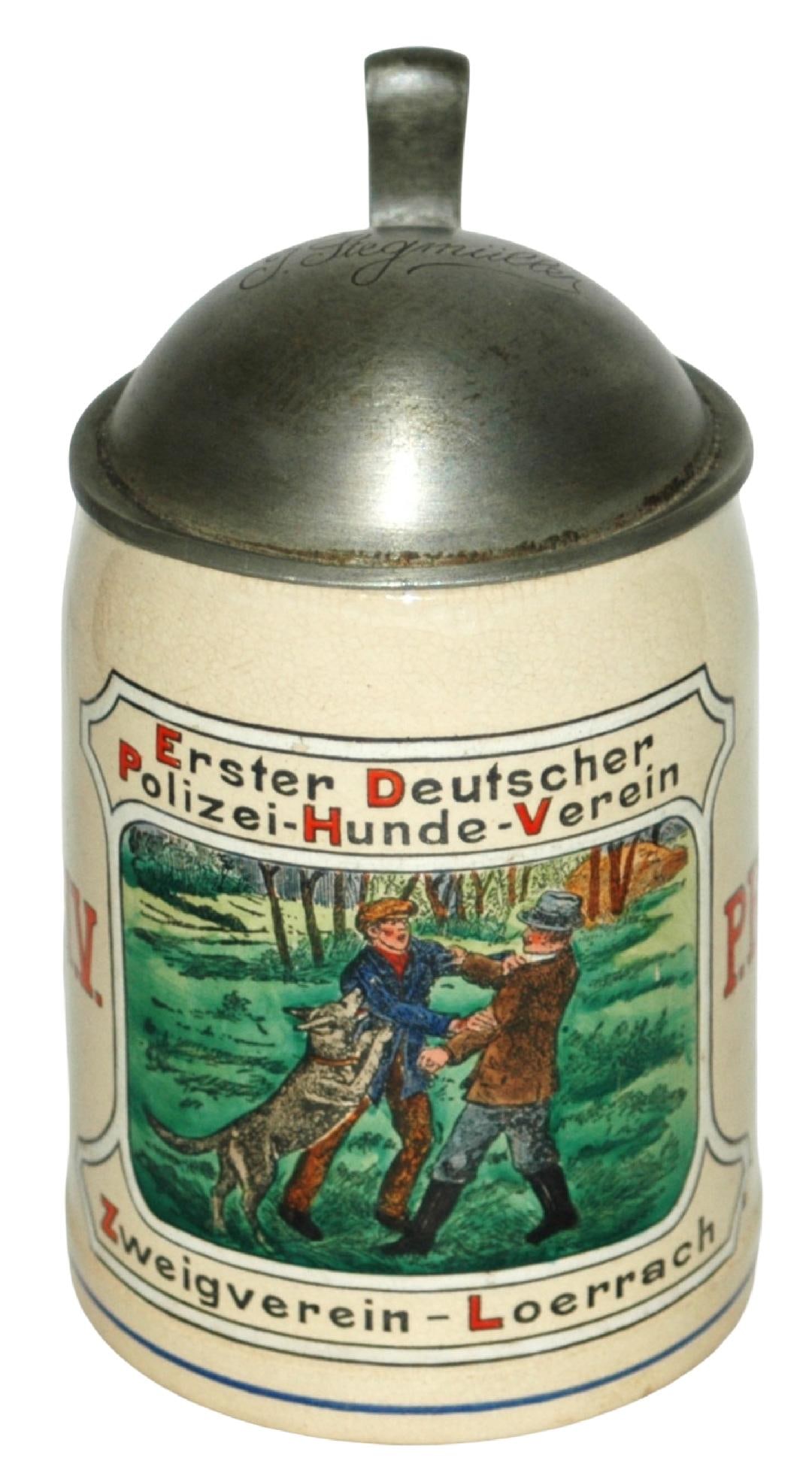 Rare Stein Scene of Police Dog Attacking Criminal: Pottery POG 1/2L. Scene of police dog attacking criminal. "Erster Deutscher Polizei Hunde Verein." Rare. Mint.